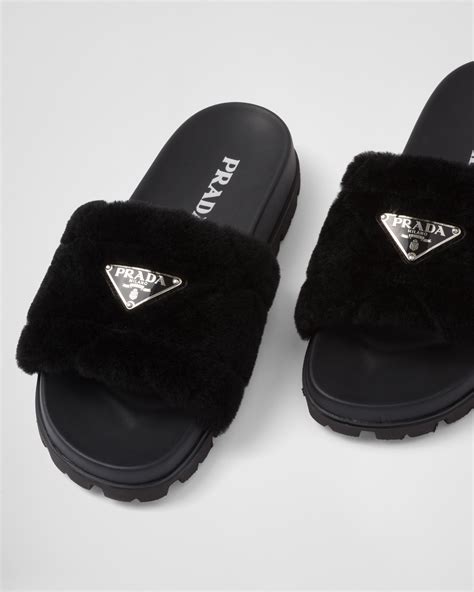 black prada slides|prada shearling slides.